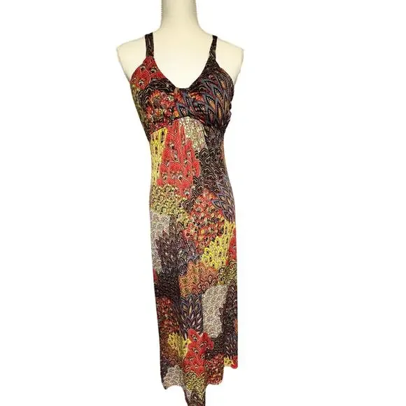 Raindrops by Papillon Black Orange Peacock Maxi Dress Women's Small - Picture 1 of 12